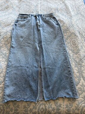 Distressed Denim Maxi Skirt with Front Slit by Hidden Jeans